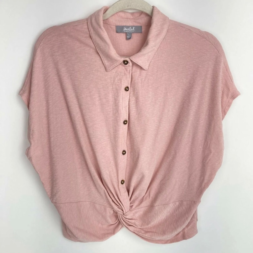 Marled Essentials Pink Knit Button-Up Crop Sweater